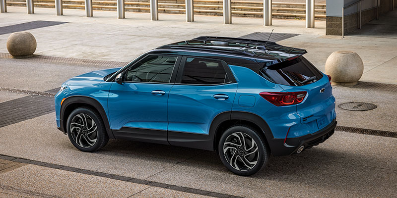 A blue Trailblazer is displayed, showcasing its compact SUV design and modern features.